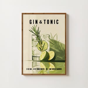 Impresión de gin-tonic, póster de cóctel retro, arte de pared de gin-tonic, impresiones de carrito de bar, regalos de gin-tonic, decoración de bar, impresión de receta de cóctel de ginebra