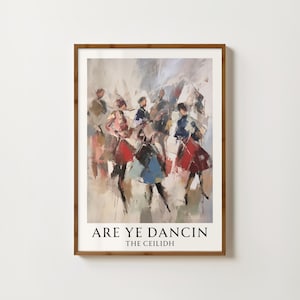 May include: A painting of a group of people dancing in a circle. The painting is done in a loose, impressionistic style with a lot of brushstrokes. The people are wearing colorful clothing and are all smiling. The painting is titled "Are Ye Dancin' The Ceilidh".