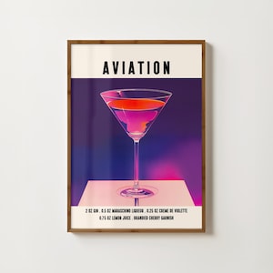 Impresión de cóctel de aviación, póster de cóctel retro, arte de pared de cocina, decoración de carrito de bar, pósteres retro de alcohol, impresión de bebidas de moda, impresiones para comedor
