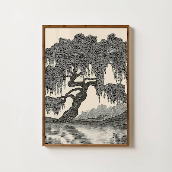 Black Willow Tree Print Moody Forest Art Large Linocut Print Japanese Tree Poster Black Botanical Print Extra Large Wall Art Witchy Decor