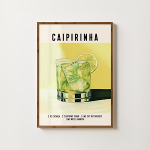 Impresión de cóctel Caipirinha, arte de pared para carrito de bar, póster de cóctel Caipirinha, decoración de bar retro, impresiones de cocina de moda, impresiones vintage de alcohol, arte de bar