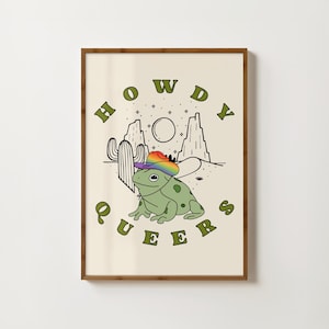 Howdy Queers Print, Queer Cowboy Frog, Gay Pride Gifts, Retro Cottagecore Decor, Lesbian Transgender Bisexual Pansexual Art, Queer Artists