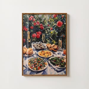 Summer Dining Print Dinner Table Print Mediterranean Wall Art Italian Food Print Oysters Pasta Wine Print Vintage Kitchen Art Food Painting