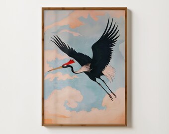 Flying Crane Print Vintage Bird Prints Japanese Crane Painting Exotic Birds Art Antique Japanese Wall Art Flying Bird Poster Maximalist Art