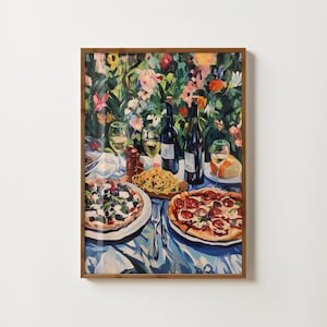 Italian Dining Print Dinner Table Print Mediterranean Wall Art Italian Food Print Pizza Pasta Wine Print Vintage Kitchen Art Food Painting