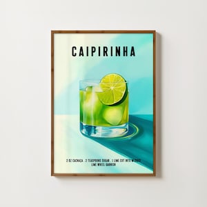 Impresión de cóctel Caipirinha, arte de pared para carrito de bar, póster de cóctel Caipirinha, decoración de bar retro, impresiones de cocina de moda, impresiones vintage de alcohol, arte de bar