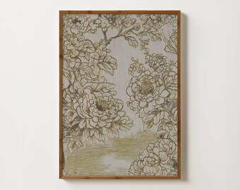 Rustic Floral Textile Print Gold Flower Sketch Neutral Textile Art Moody Botanical Print Vintage Flower Drawing Gold Floral Farmhouse Decor
