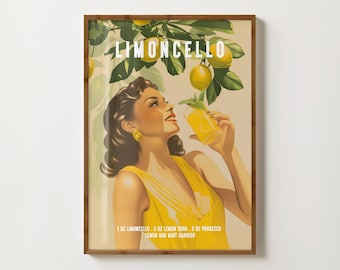 Retro Limoncello print, cocktail muurdecoratie, Limoncello poster, barwagen decoratie, Italiaanse keuken prints, vintage alcohol print, cocktail recept print