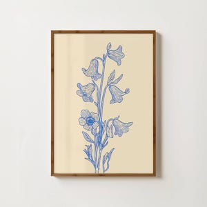 Bluebell Print Blue Floral Prints Linocut Flower Illustration Grandmillenial Art Botanical Flower Prints Vintage Blue Decor  Farmhouse Art