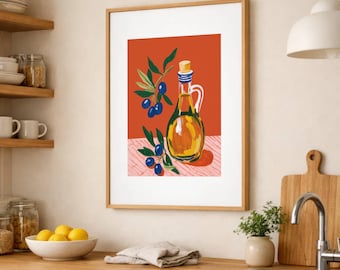Mediterranean Olive Oil Print, Italian Kitchen Art, Kitchen Shelf Decor, Olive Branch Art, Food Art, Still Life Painting, Culinary Wall Art