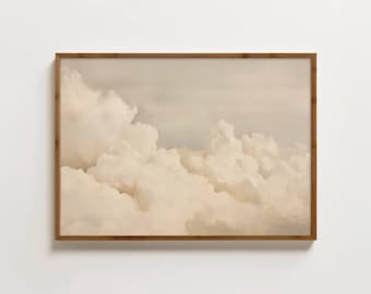 Tableau nuageux beige apaisant pour chambre à coucher, peinture de ciel nuageux vintage, grand format, neutre, pour salon, décoration beige pour chambre d'enfant