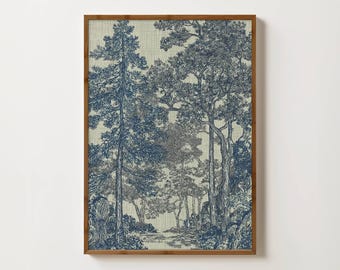 Vintage Tree Sketch Blue Tree Print Moody Nature Prints Forest Illustration Woodland Wall Art Blue Landscape Art Dark Blue Living Room Print