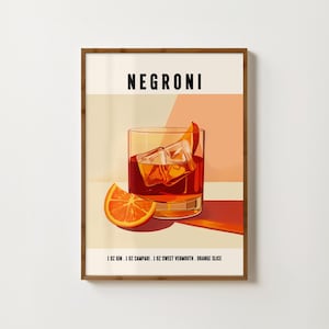 Impresión de cóctel Negroni, póster retro de cóctel, arte de pared para cocina, arte Negroni, decoración de bar moderna, impresiones para comedor, impresiones neutras para sala de estar