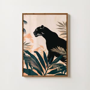 Impresión artística de pantera, arte de pared de pantera negra, impresión de jungla tropical, póster de jaguar negro, pintura de animales boho, póster de pantera boho, arte de grandes felinos