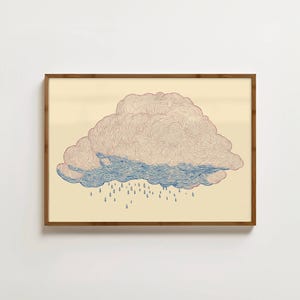 May include: A framed art print depicting a detailed illustration of a cloud with rain. The cloud is rendered in beige and blue, with fine lines creating texture. The artwork is set against a cream background and framed in a wooden frame.