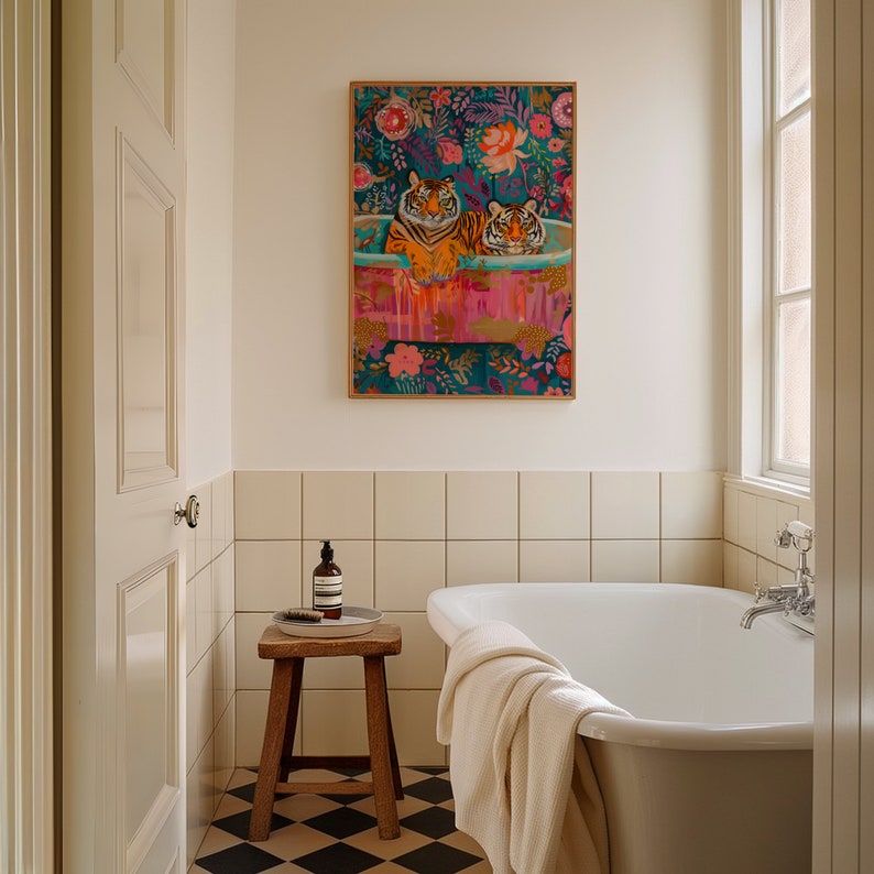 Tiger in Bath Print Tiger Poster Maximalist Tiger Art Funky Bathroom ...