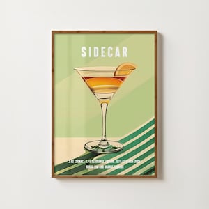 Impresión de cóctel Sidecar Póster retro de cóctel Sidecar Decoración de carrito de bar Galería de pared de cocina Impresión de receta de cóctel Sidecar Arte de pared para la hora feliz