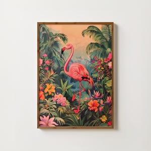 Impresión de flamenco rosa, arte de pared vintage con flamenco, póster botánico de flamenco, pintura de pájaro exótico, decoración tropical rosa para el hogar, ilustración de flamenco