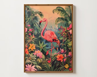 Pink Flamingo Print Vintage Flamingo Wall Art Botanical Flamingo Poster Exotic Bird Painting Pink Tropical Home Decor Flamingo Illustration