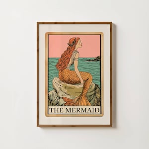 Lámina de tarot de la sirena, arte mural de sirenas, lámina costera caprichosa, decoración Mermaidcore, lámina náutica para baño, arte de criaturas marinas místicas