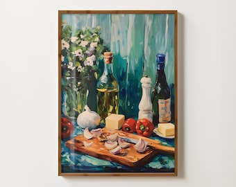 Italian Cooking Print Kitchen Wall Art Garlic Print Italian Food Painting Dinner Table Print Cafe Decor Kitchen Poster Food Cooking Art
