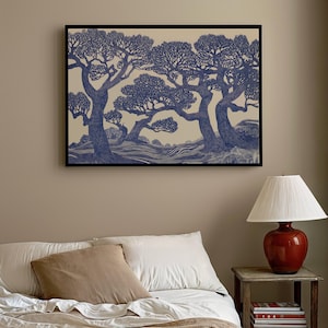Vintage Oak Tree Print Linocut Forest Wall Art Blue Woodland Landscape Painting Botanical Decor Moody Tree Poster Large Nature Art Prints image 6