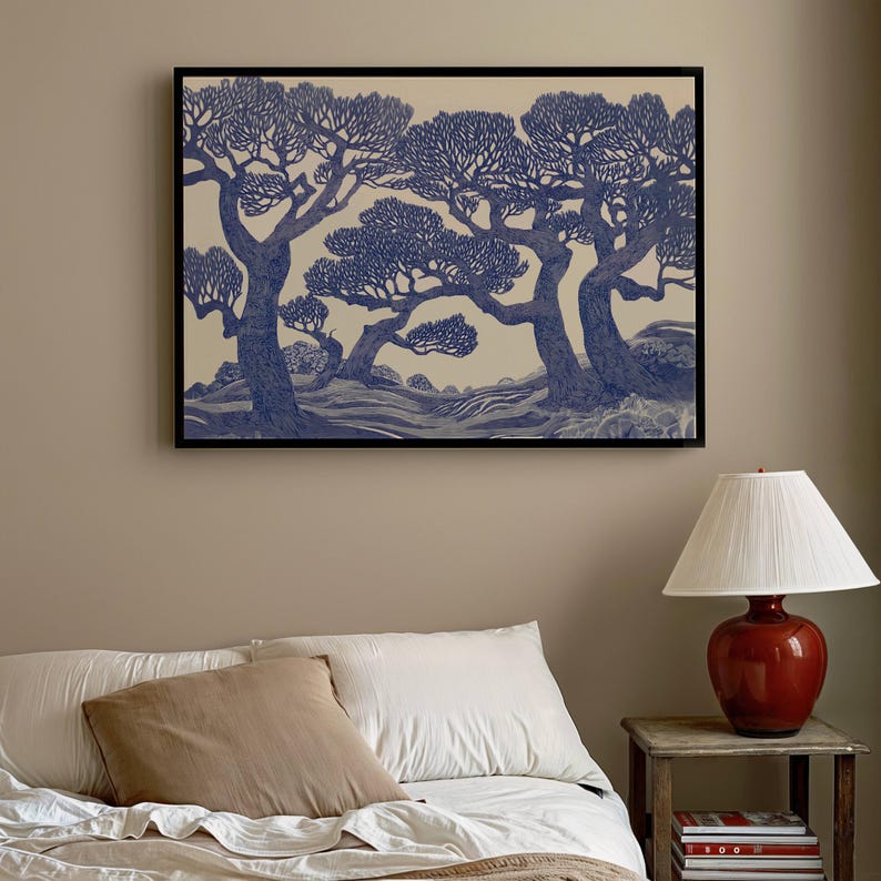 Vintage Oak Tree Print Linocut Forest Wall Art Blue Woodland Landscape Painting Botanical Decor Moody Tree Poster Large Nature Art Prints image 6