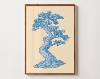Blue Tree Print Linocut Tree Poster Blue Woodland Decor Baby Blue Prints Vintage Pastel Forest Print Grandmillenial Art Blue Nursery Decor