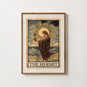 Impresión de la carta del Tarot El Ermitaño, arte espiritual, decoración bohemia, póster de la carta del Tarot, pintura mística, arte mural de brujas, impresión de meditación, regalos de tarot de brujas.
