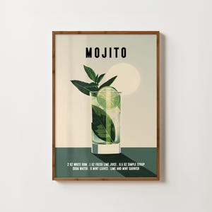 Impresión de mojito para decoración de carritos de bar Póster de mojito Arte mural de cocina Receta de cóctel de mojito Impresiones de alcohol Impresión artística de mojito Impresiones retro para carritos de bar