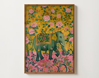 Floral Indian Elephant Print Elephant Painting Elephant Wall Art Indian Folk Art Elephant Poster Happy Elephant Picture Unique Elephant Gift
