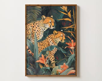 Cheetahs In Jungle Print Leopard Wall Art Tropical Decor Cheetah Print Vintage Leopard Painting Botanical Cheetah Poster Safari Animal Print