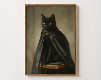 Gothic Black Cat Painting Witches Cat Print Witchy Wall Art Dark Academia Print Goth Decor Moody Oil Painting Dark Arts Poster Spooky Print