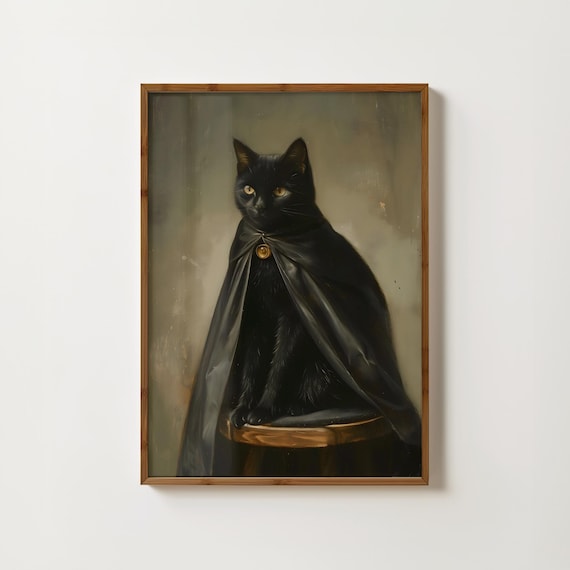 Gothic Black Cat Painting Witches Cat Print Witchy Wall Art Dark Academia Print Goth Decor Moody Oil Painting Dark Arts Poster Spooky Print
