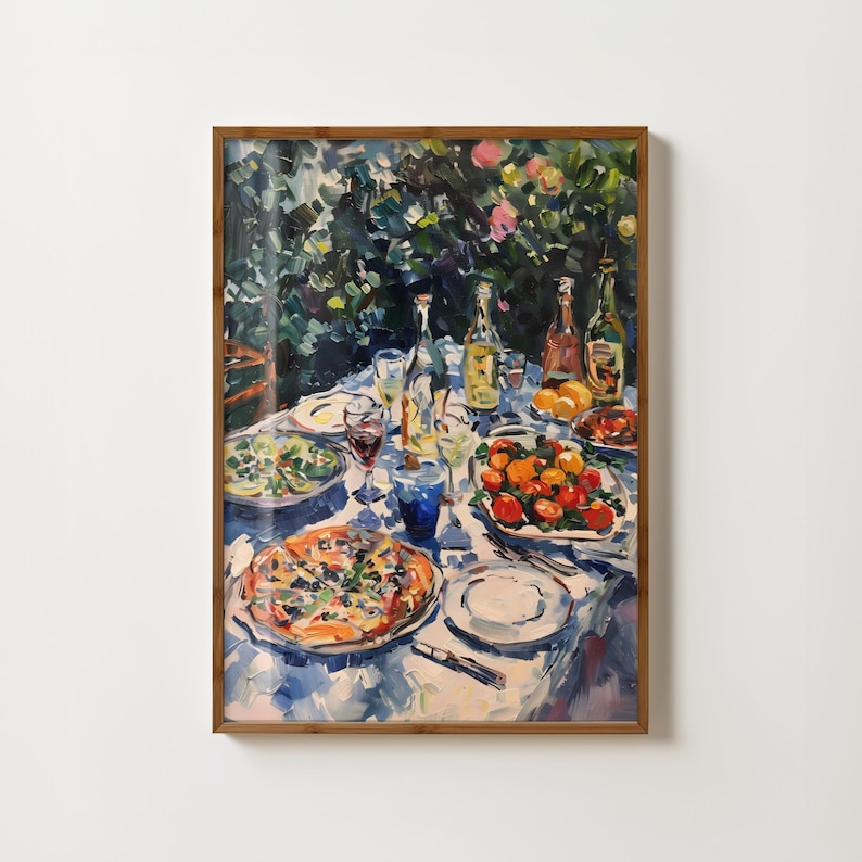 May include: A painting of a table set for a meal outdoors. The table is covered in a white tablecloth with a blue and white pattern. There is a pizza, salad, tomatoes, and wine glasses on the table. The background is a blurred image of green trees.
