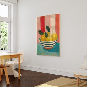 May include: A painting of a bowl of lemons with green leaves on a blue background. The bowl is white with blue stripes and a red rim. The background is pink and white stripes.