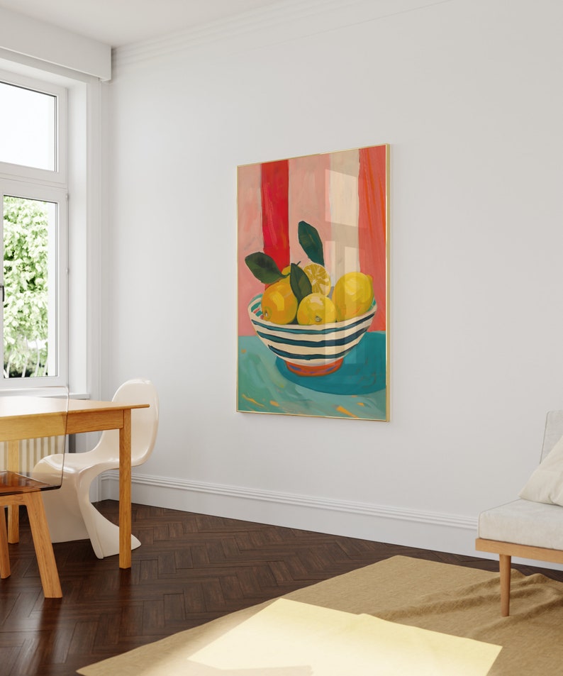 May include: A painting of a bowl of lemons with green leaves on a blue background. The bowl is white with blue stripes and a red rim. The background is pink and white stripes.