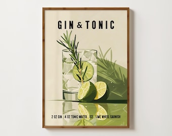 Gin & Tonic Print Retro Cocktail Poster Gin and Tonic Wall Art Bar Cart Prints Gin and Tonic Gifts Bar Decor Gin Cocktail Recipe Print