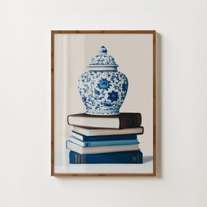 Chinoiserie Ginger Jar Buchdruck Chinoiserie Wandkunst Bücher Malerei Lesekunst Druck Bücherwurm Blaue und weiße Drucke Leseecke Dekor