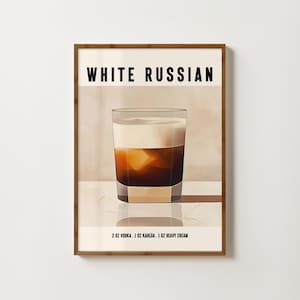 Impresión de cóctel retro ruso blanco, arte de pared, póster ruso blanco, decoración de carrito de bar, impresión de receta de cóctel, galería de cocina, póster de alcohol