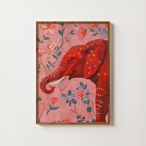 Floral Indian Elephant Print Red Elephant Painting Elephant Wall Art Folk Art Elephant Poster Happy Elephant Picture Unique Elephant Gifts