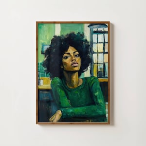 Woman In Green Portrait Print Black Woman Art Afrocentric Wall Art Contemporary Womans Painting Black Woman Wall Art Maximalist Print
