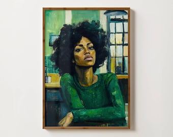 Woman In Green Portrait Print Black Woman Art Afrocentric Wall Art Contemporary Womans Painting Black Woman Wall Art Maximalist Print