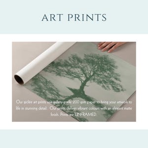 May include: Art prints with a green tree design. The prints are made on gallery-grade 200 gsm paper, offering vibrant colours and an elegant matte finish. The prints are unframed.