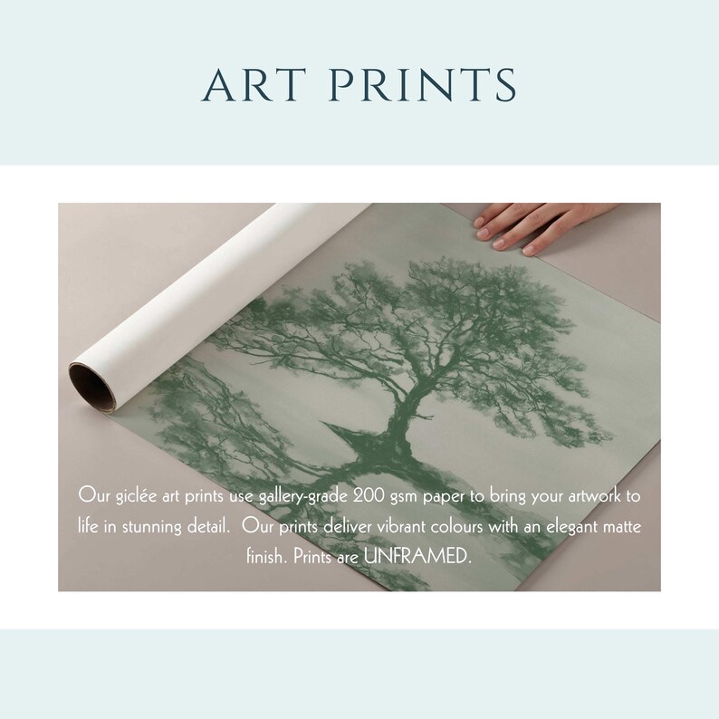 May include: Art prints with a green tree design. The prints are made on gallery-grade 200 gsm paper, offering vibrant colours and an elegant matte finish. The prints are unframed.