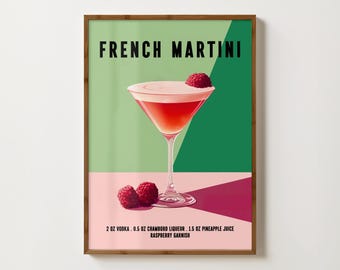 French Martini Cocktail Print Martini Wall Art Trendy Bar Art Retro Cocktail Poster Bar Cart Decor Retro Kitchen Prints Green And Pink Print