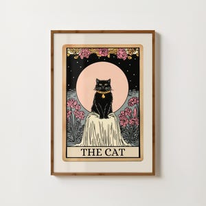 Impression de carte de tarot de chat Art mural chat noir Poster de chat lune mystique Impression de chat de sorcellerie Peinture de chat de tarot Cadeau de maman de chat Impression de tarot de pleine lune