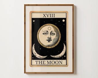 Moon Tarot Card Print Moon Poster Spiritual Print Witchy Poster Meditation Print Folk Illustration Mystical Wall Art Boho Bedroom Decor