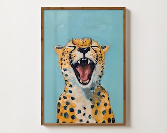 Blue Cheetah Print Eclectic Cheetah Wall Art Preppy Leopard Poster Bohemian Animal Painting Quirky Dorm Decor Maximalist Big Cat Art