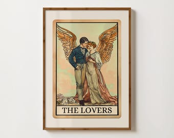 May include: A vintage tarot card illustration depicting The Lovers card. The card features a couple standing together with wings, surrounded by flowers. The text "THE LOVERS" is printed at the bottom of the card.